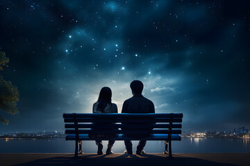 Fototapeta na wymiar A couple sitting on a bench and looking at the stars on the night sky