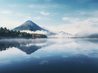 A serene and misty morning on a tranquil lake, with reflections of surrounding mountains mirrored in the water