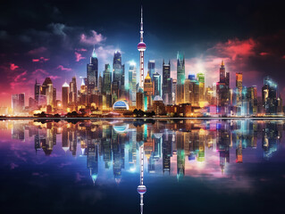An iconic city skyline at night, illuminated by colorful lights and reflections on the water