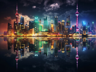 Obraz premium An iconic city skyline at night, illuminated by colorful lights and reflections on the water