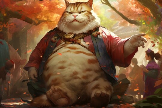 Giant fat cat is outdoors. Beautiful illustration picture. Generative AI