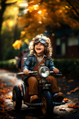 Fototapeta na wymiar fröhlicher Junge mit Spielzeugmoped im Herbst