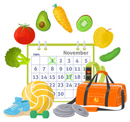 Sport and health vector poster with calendar schedule of training and diet