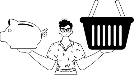 The ridicule is holding a piggy bank and a denounce handcart . total dark and flannel linear style. Trendy style, Vector Illustration