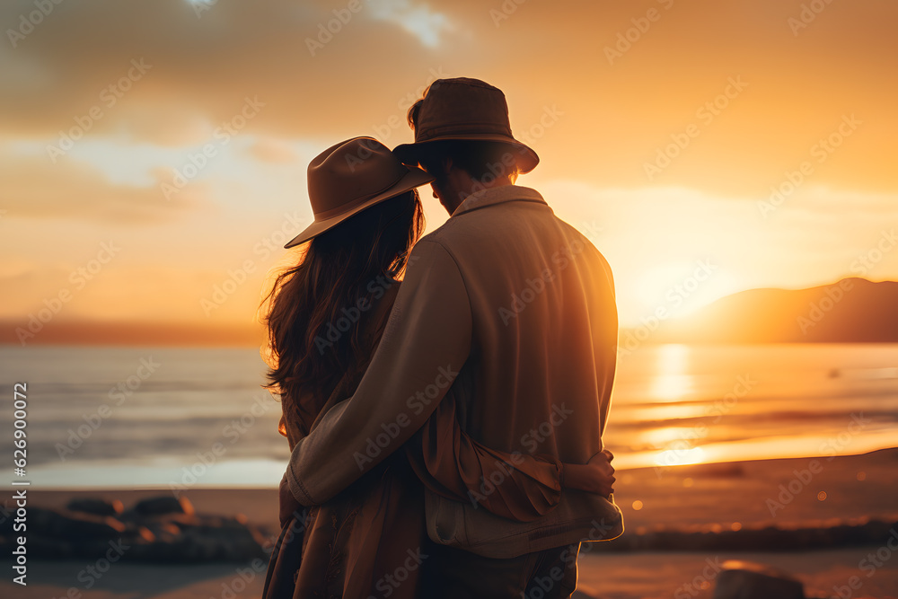 Wall mural a man and a woman hugging and looking at the sunset on the beach - Wall murals