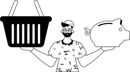 The ridicule is holding a piggy bank and a denounce handcart . sum dark and washcloth analogue style. Trendy style, Vector Illustration