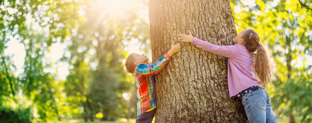 Boy and girl touching tree trunk in the natural park.