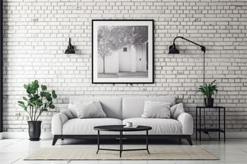 Interior of a room with a sofa, a plant, and empty picture frames against a wall of white brick. Generative AI