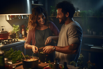 A man and a woman cooking together in the kitchen