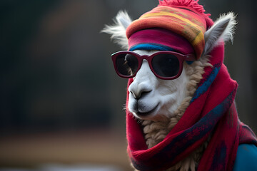 A llama wearing a scarf, sunglasses and a hat