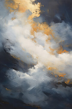 A painting with gold and blue abstract clouds and drips, in the style of dark gray and white, light navy and beige, balanced composition, scattered composition, Ai Generative