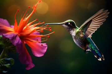 A hummingbird drinking nectar from a flower