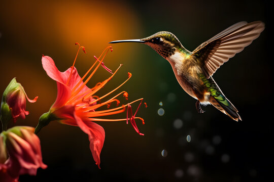 A hummingbird drinking nectar from a flower