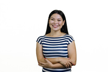 Fototapeta premium Portrait of a young asian woman with folded arms. Isolated on white.