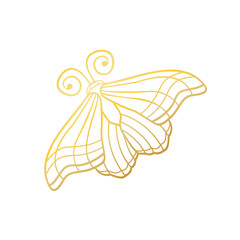 Line art. Golden moth over sacred geometry sign, isolated vector illustration. Tattoo flash. Mystical symbols and insects in gold. Hand-drawn vintage.