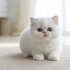 Portrait of a white Exotic Shorthair kitten looking at the camera. Portrait of a cute little cat with fluffy fur lying in a light room beside a window. Beautiful Exotic Shorthair kitty at home.