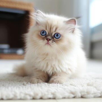 Portrait of a cute Himalayan kitten looking forward. Portrait of an adorable Himalayan kitty with thick cream fur lying in a light room beside a window. Beautiful small cat at home.