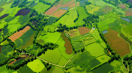 Fototapeta premium Vibrant Aerial View of Lush Green Farmlands, Perfect for Agribusiness Advertisements.