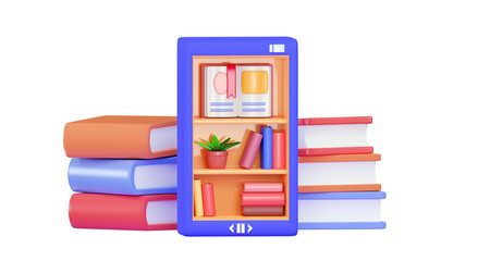 3d E-learning online education E-book digital library concept Smartphone with bookshelf Mobile application for reading, study, distance knowledge Minimal three-dimensional 3D render illustration