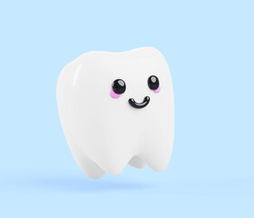 Teeth cartoon kawaii character with smiling face 3d render icon. Healthy clean dental personage, cute happy tooth isolated on blue background. Oral hygiene and dentistry, health care. 3D illustration