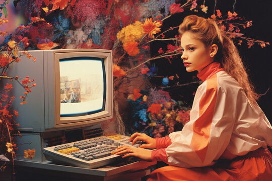 Colorful image of vintage retrowave style computer monitor and keyboard advertising with retro woman model. Concept of retro pop art. Collage style.