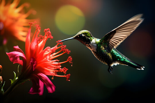 A hummingbird drinking nectar from a flower