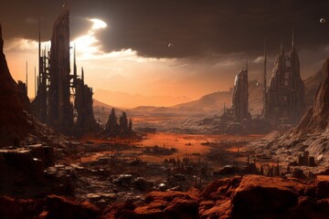 City in the desert with high tower. Beautiful illustration picture. Generative AI