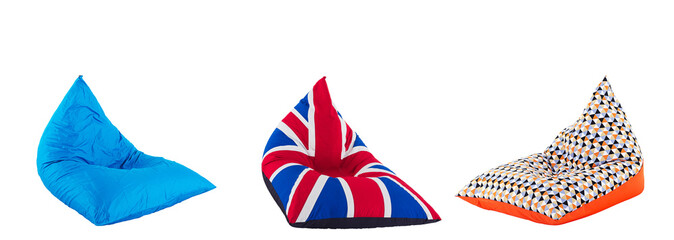 Nice colourful and soft enjoyable beanbag chair. Concept of comfortable indoor or outdoor contempory furniture. Studio shot isolated on white background