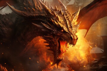 Fire breathing mighty dragon. Beautiful illustration picture. Generative AI