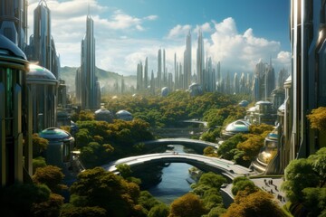 Fototapeta na wymiar Green trees. Big futuristic city view. Beautiful illustration picture. Generative AI