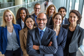 Fototapeta premium A diverse group of businesspeople poses for a professional team photo, exuding confidence and professionalism, while looking smart and impeccable. Generative AI.