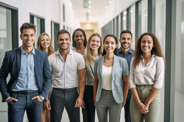 A diverse group of businesspeople poses for a professional team photo, exuding confidence and professionalism, while looking smart and impeccable. Generative AI.