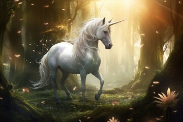Naklejka premium Unicorn in a magical forest. Beautiful illustration picture. Generative AI