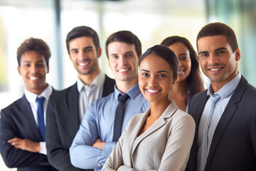 Fototapeta premium A diverse group of businesspeople poses for a professional team photo, exuding confidence and professionalism, while looking smart and impeccable. Generative AI.