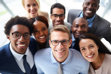 Obraz premium A diverse group of businesspeople poses for a professional team photo, exuding confidence and professionalism, while looking smart and impeccable. Generative AI.