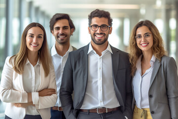 A diverse group of businesspeople poses for a professional team photo, exuding confidence and professionalism, while looking smart and impeccable. Generative AI.