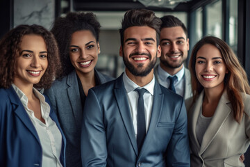 A diverse group of businesspeople poses for a professional team photo, exuding confidence and professionalism, while looking smart and impeccable. Generative AI.