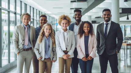 Fototapeta premium A diverse group of businesspeople poses for a professional team photo, exuding confidence and professionalism, while looking smart and impeccable. Generative AI.