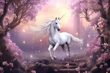 Fototapeta na wymiar Unicorn in a magical forest. Beautiful illustration picture. Generative AI