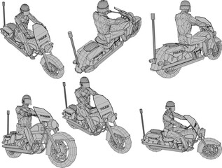 Sketch vector illustration of a police patrol on the road wearing a vintage classic old racing motorbike