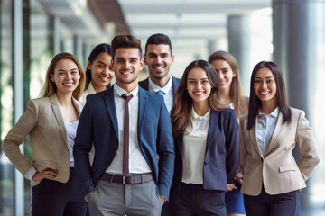 A diverse group of businesspeople poses for a professional team photo, exuding confidence and professionalism, while looking smart and impeccable. Generative AI.