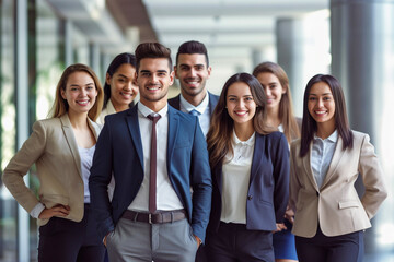 Obraz premium A diverse group of businesspeople poses for a professional team photo, exuding confidence and professionalism, while looking smart and impeccable. Generative AI.