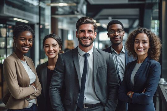 A diverse group of businesspeople poses for a professional team photo, exuding confidence and professionalism, while looking smart and impeccable. Generative AI.