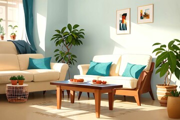 illustration digital painting of living working room at the apartment, generative AI