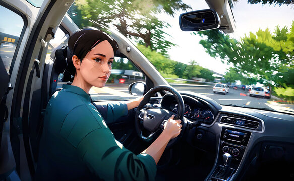 illustration digital painting of woman driving a car in street, generative AI
