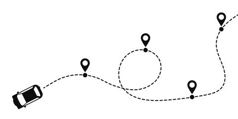 Naklejka premium Car travel route, car travel path icon. A car path in the form of a dotted line with a map pin icon