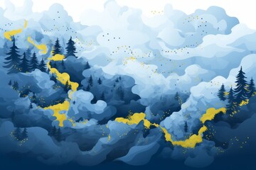 Clouds, trees, yellow line, top view. Beautiful illustration picture. Generative AI