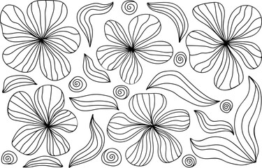 Hand drawn outline flowers. Trendy botanical black paint floral set. Modern naive groovy decorations. Abstract contemporary vector illustration. Perfect for posters, banners cards ect.