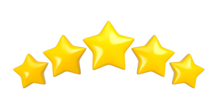 Set of five yellow stars isolated. Concept of rating or competitions. 3d rendering.