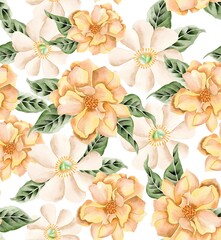 Watercolor flowers pattern, yellow tropical elements, green leaves, white background, seamless